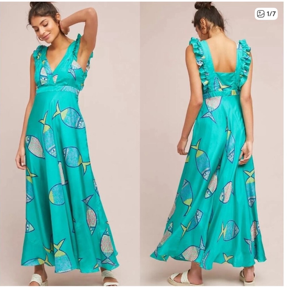 Anthropologie Anupamaa Silk Maxi Dress Fish Summer School Maxi Dress Teal Blue 2